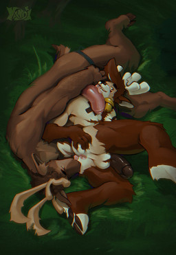 anthro antlers anus balls bell bell_collar clothing collar duo genitals grass hooves horn licking male male/male nude oral penile penis penis_lick plant sex smile tape tape_over_nipples tongue undressing kandi_(artist) deer mammal 2026 absurd_res hi_res signature