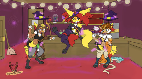 anthro clothing female fur gender_transformation group magic magic_user torn_clothing transformation trio witch yellow_body yellow_fur hayden_fencfoxo nintendo pokemon braixen delphox generation_6_pokemon pokemon_(species) absurd_res hi_res
