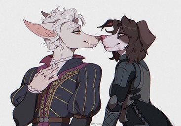 anthro clothed clothing duo female fur male male/female multicolored_body multicolored_fur red_nose mystery.dog baldur's_gate baldur's_gate_3 larian_studios alexa_(mystery.dog) astarion_(baldur's_gate) border_collie canid canine canis collie dobermann domestic_dog herding_dog mammal pastoral_dog pinscher sheepdog vampire