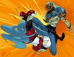 anthro black_bottomwear black_clothing black_panties black_skirt black_underwear blue_body blue_hair blue_skin bottomwear clothing duo epaulet female fight flying_kick gloves hair handwear hat headgear headwear horizontal_pupils kick long_hair midair military_cap military_uniform orange_background panties pseudo_hair pupils simple_background skirt suction_cup tentacle_hair tentacle_legs tentacles underwear uniform white_body white_clothing white_gloves white_handwear white_skin yellow_sclera alex_ahad admirable_octavia crimson_mask_koujin cephalopod coleoid humanoid marine mollusk octopodiform octopus digital_drawing_(artwork) digital_media_(artwork) watermark