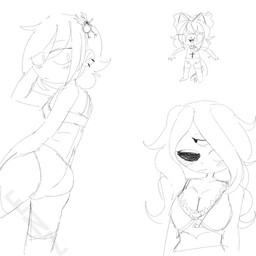 3_eyes accessory anthro big_breasts big_butt bow_ribbon bra breasts butt cleavage clothed clothing corpse female female_anthro female_human furgonomics group hair lace_bra long_hair looking_back low-angle_view medium_hair multi_eye not_furry_focus one_eye_closed open_mouth open_smile ribbons smile standing tail tail_accessory tail_ribbon teeth torn_clothing trio underwear underwear_only enidnalaza the_binding_of_isaac_(series) dead_bird dogma_(tboi) eve_(tboi) guppy_(tboi) avian bird domestic_cat felid feline felis human mammal monster 1:1 2021 hi_res monochrome sketch_page watermark