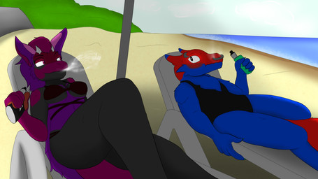 anthro beach beach_chair black_body black_clothing black_fur black_swimwear blush blush_lines claws clothing duo female fur intersex intersex/female pink_body pink_fur purple_body purple_fur red_body red_fur sea swimwear vape vape_cloud water ziryorition shayedy xalith 16:9 hi_res widescreen nonbinary_(lore)