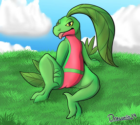 anthro blep blue_sky cloud female genitals grass green_body leaf leaf_hair leaf_tail multicolored_body plant plant_hair pseudo_hair red_body semi-anthro sky solo tail tongue tongue_out two_tone_body vulva draconix itsdraconix nintendo pokemon generation_3_pokemon grovyle pokemon_(species) alternate_version_at_paywall better_version_at_paywall digital_media_(artwork)