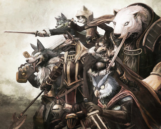 anthro beak ear_piercing ear_ring fur group holding_melee_weapon holding_object holding_sword holding_weapon male melee_weapon outside piercing ring_piercing standing sword tongue tongue_out weapon white_body white_fur sugitaku avian bear bird canid canine canis jackal mammal owl polar_bear ursine wolf 2011 character_request