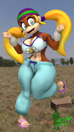 4_toes 5_fingers alternative_fashion amekaji anthro big_breasts blonde_hair blue_eyes breasts brown_body brown_fur cleavage clothed clothing colored_nails colored_toenails curvy_figure ear_piercing ear_ring feet female fingers footwear fur ganguro_(fashion) grass gyaru hair hat headgear headwear hoop_ear_ring huge_breasts j-fashion long_hair looking_at_viewer midriff nails open_mouth open_smile outside piercing plant ring_piercing sandals shoes smile solo standing thick_thighs toenails toes tongue tree wide_hips y2k_(fashion) kennythebobcat donkey_kong_(series) nintendo tiny_kong haplorhine kong mammal monkey primate 3d_(artwork) 9:16 digital_media_(artwork) hi_res
