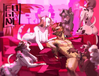 anthro anthro_on_anthro balls big_breasts big_butt black_nose breasts brown_body brown_fur butt chest_tattoo cigarette female fur genitals grey_body grey_fur grey_hair group hair interspecies licking male male/female markings nipples nude nude_anthro nude_female nude_male oral penile penis penis_lick red_hair sex smile spots spotted_body spotted_fur tattoo tongue white_body white_fur eugene_(artist) axel_(klausd) canid canine canis dalmatian deer domestic_dog hyena mammal new_world_deer spotted_hyena white-tailed_deer hi_res