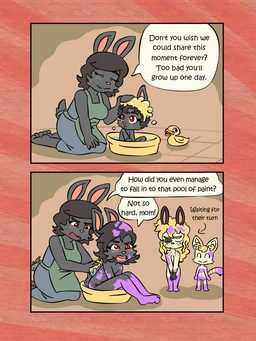 anthro apron barefoot bathing bathing_another black_body black_eyebrows black_fur black_hair blonde_eyebrows blonde_hair blush blush_lines bodypaint brown_stripes casual_nudity cat_tail clothing covering covering_crotch dialogue directional_arrow dress embarrassed eyebrows eyelashes eyes_closed featureless_crotch feet female frown frown_eyebrows fur green_apron green_clothing grey_body grey_clothing grey_dress grey_fur grey_tail group hair inner_ear_fluff kneeling looking_back male markings navel nude nude_anthro nude_female nude_male open_mouth paint pink_nose purple_body purple_paint rabbit_ears red_eyes rubber_duck scut_tail shampoo short_tail smile speech_bubble sponge sponge_bath spots spotted_body spotted_fur striped_body striped_fur striped_markings striped_tail stripes tail tail_markings talking_to_another tan_body tan_fur tan_tail text toddler tuft yelling young young_anthro young_female young_male bisonvega bunny_boy_(bisonvega) cat_girl_(bisonvega) cousin_bunny_(bisonvega) mom_bunny_(bisonvega) domestic_cat felid feline felis lagomorph leporid mammal rabbit 2025 3:4 comic english_text hi_res aunt_(lore) aunt_and_niece_(lore) cousins_(lore) mother_(lore) mother_and_child_(lore) mother_and_son_(lore) niece_(lore) parent_(lore) parent_and_child_(lore) parent_and_son_(lore) son_(lore)