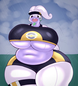antennae_(anatomy) anthro athletic_wear belly big_breasts bottomwear breasts buckteeth clothed clothing crop_top curvy_figure female hat headgear headwear holowear_(pokemon) huge_breasts huge_hips huge_thighs legband navel open_mouth outside overweight overweight_anthro overweight_female raining shirt shorts solo teeth thick_thighs thighband tight_bottomwear tight_clothing tight_shorts topwear under_boob undersized_clothing undersized_topwear visor_cap voluptuous wardrobe_malfunction wide_hips inazuma_kat nintendo pokemon pokemon_unite orange_unite_style_goodra generation_6_pokemon goodra pokemon_(species) 2023 digital_media_(artwork) hi_res