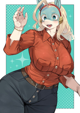 5_fingers anthro arms_bent belt belt_buckle big_breasts biped blonde_eyebrows blonde_eyelashes blonde_hair blue_eyes blush blush_lines border bottomwear breasts brown_belt buckle button_(fastener) clothed clothed_anthro clothed_female clothing collared_shirt curvy_figure denim denim_bottomwear denim_clothing dress_shirt eyebrows eyelashes fangs female female_anthro fingers fully_clothed fully_clothed_anthro fully_clothed_female geometric_background glistening glistening_eyes hair jeans kemono legs_together light multicolored_body open_mouth outside_border pants pink_tongue pupils raised_arm red_clothing red_dress_shirt red_hairband red_shirt red_topwear shirt simple_background snout solo standing tan_body teal_body teal_ears teal_inner_ear teeth thick_thighs three-quarter_view tongue topwear two_tone_body voluptuous voluptuous_anthro voluptuous_female white_background white_border white_sclera wide_hips wristband kamenosachi my_hero_academia ippan_josei mammal quirked_human_(my_hero_academia) 2025 colored digital_media_(artwork) hi_res japanese_description lighting portrait shaded soft_shading three-quarter_portrait