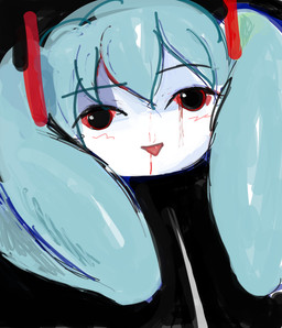 bangs bent_legs black_background blood blush bodily_fluids eyebrows female not_furry prehensile_hair red_eyes simple_background smile solo unusual_anatomy white_body white_skin yogurt200 vocaloid hatsune_miku shiteyanyo humanoid waddling_head absurd_res hi_res sketch