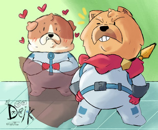 anthro blush duo green_background heart_symbol male male/male one_eye_closed simple_background slightly_chubby smile text ugly-rat15508 dogs_in_space netflix jerry_(dogs_in_space) loaf_(dogs_in_space) bulldog canid canine canis chow_chow domestic_dog mammal mastiff molosser spitz hi_res