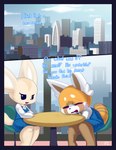 absurd_res aggretsuko ailurid ambiguous_gender anthro blue_border bodily_fluids border bottomwear canid canine city cityscape clothed clothing comic crying dialogue duo english_text female fennec fenneko fox fur furniture hi_res hyena maehdoggie mammal open_mouth red_panda retsuko sanrio sitting skirt table tears text topwear work_uniform