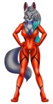 anthro big_breasts bikini blue_highlights bodysuit breasts clothing female hair highlights_(coloring) long_hair nipples skinsuit solo suit swimwear tight_clothing tracksuit two-piece_swimsuit wickedredart kerris_doka canid canine canis domestic_dog mammal hi_res portrait three-quarter_portrait