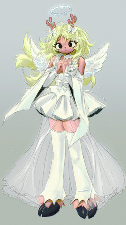 adolescent anthro black_eyes blonde_hair bow_ribbon brown_body brown_fur buckteeth clothing cloven_hooves dress eyebrow_through_hair eyebrows eyelashes fake_wings female freckled_face freckles fur hair halo hooves innocent_expression legwear looking_at_viewer simple_background solo teeth translucent translucent_hair young young_anthro bunsidhe deltarune undertale_(series) noelle_holiday cervine deer mammal 2025 9:16 hi_res signature