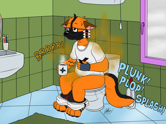 anthro bathroom beverage black_clothing black_underwear bottomwear bottomwear_down clothed clothing coffee coffee_mug eyewear fart glasses implied_scat male pants pants_down partially_clothed pooping ranged_weapon relieved shuriken sink sitting solo stink_fumes text toilet toilet_brush toilet_use underwear weapon doggettdouglasmcdog canid canine fox mammal 4:3 hi_res