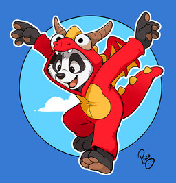 animal_onesie anthro barefoot blue_sky clothed clothing cloud feet fur glistening glistening_eyes happy logo male open_mouth open_smile sky smile solo white_body white_fur young young_anthro young_male pandapaco parinton bear giant_panda mammal artist_logo signature