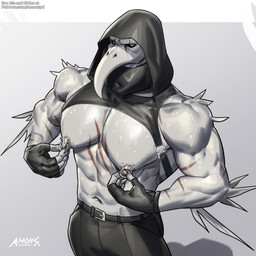 abs anthro arm_scar athletic athletic_anthro athletic_male belt biceps black_bottomwear black_clothing black_pants bodily_fluids bottomwear chest_scar claws clothing feathers fingerless_gloves gloves handwear hood male nipple_piercing nipples pants pecs piercing piercing_pull plague_doctor scar shirtless_male solo straps sweat sweaty_body white_body white_feathers amon-sydonai claude_(amon-sydonai) avian bird hi_res