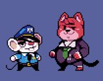 anthro belly clothing duo male necktie police police_uniform red_nose simple_background smug suit uniform mangneto mappy goro_(mappy) mappy_(character) felid feline mammal mouse murid murine rodent 2016 digital_media_(artwork) pixel_(artwork)