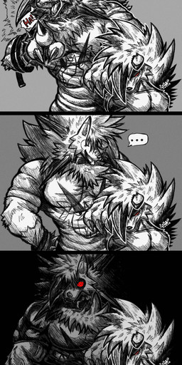 abs accessory amber_eyes angry anthro arm_tuft athletic athletic_male belt belt_buckle biceps big_pants biped black_clothing black_sclera body_hair bottomwear bracelet buckle chest_tuft claws clothed clothing collar denim denim_bottomwear denim_clothing dipstick_ears dog_tags duo ear_markings elbow_tuft fangs fluffy fluffy_body fur hair harness ink jewelry laugh male male_anthro markings multicolored_body multicolored_ears multicolored_fur multicolored_hair muscle_tone muscular muscular_anthro muscular_arms muscular_male navel neck_tuft one_eye_obstructed open_mouth pants pecs red_eyes scar shoulder_tuft simple_background smile solo spiked_belt spiked_bracelet spiked_collar spikes spiky_hair standing tail tail_tuft teeth text tight_clothing tongue tongue_out triceps tuft two_tone_body two_tone_fur yellow_eyes jwbash game_freak nintendo pokemon unamused_friend_comic_(meme) kyoto_rex canid canine canis dusk_lycanroc generation_7_pokemon generation_8_pokemon legendary_pokemon lycanroc mammal midnight_lycanroc pokemon_(species) shiny_pokemon urshifu wolf 2026 absurd_res comic digital_media_(artwork) graphite_(artwork) hatching_(art) hi_res meme monochrome shaded sketch traditional_media_(artwork)