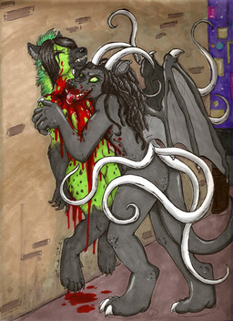 against_surface against_wall anthro back_tentacles bite blood bodily_fluids claws dreadlocks duo forced gore horn male membrane_(anatomy) membranous_wings pain tail tentacles tongue wings cuddlydeadkitten korrok korrok_(character) zuki_akula gargoyle hyena mammal spotted_hyena undead vampire hi_res marker_(artwork) traditional_media_(artwork)