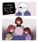 ambiguous_gender bodily_fluids bone brown_hair dialogue gaze group hair male nervous_sweat one_eye_closed red_eyes simple_background skeleton smile speech_bubble stare sweat text upper_body wink cinclyn deltarune undertale undertale_(series) chara_(undertale) frisk_(undertale) kris_(deltarune) sans_(undertale) animated_skeleton human humanoid mammal undead comic compression_artifacts digital_drawing_(artwork) digital_media_(artwork) english_text hi_res watermark