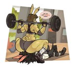 anthro back_muscles barbell big_butt black_hair bottomwear bra brown_hair butt butt_cleavage clothed clothing crouching dialogue dominant dominant_female dumbbell duo ear_piercing ear_ring exercise facesitting female fingerless_gloves footwear freckles fur gesture gloves gym hair hand_gesture handwear huge_butt inside long_ears male male/female muscular muscular_anthro muscular_female muscular_male panties piercing rear_view ring_piercing shirt shoes shorts sitting_on_another sneakers socks speech_bubble sports_bra squats tank_top text thumbs_up topwear underwear weightlifting weights workout workout_clothing yellow_body yellow_fur ponehanon lap_of_luxury delaila_(ponehanon) sergio_(remaninglife) lagomorph leporid mammal rabbit digital_media_(artwork) english_text hi_res