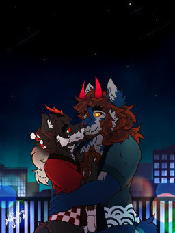 asian_clothing clothing duo east_asian_clothing fundoshi happi_(clothing) hug japanese_clothing male night romantic romantic_couple rooftop size_difference underwear white_clothing white_fundoshi white_underwear mrdarknesswolf mythology dantalos mrdarknesswolf_(character) canid canine canis demon hybrid mammal mythological_canine mythological_creature werecanid werecanine werecreature werewolf wolf absurd_res hi_res