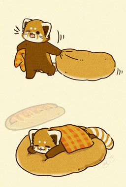 bedding black_eyes blanket brown_body chibi dot_eyes eyes_closed feral food kemono lying one_eye_closed open_mouth simple_eyes solo tired walking yawn shi_nominmin ailurid mammal red_panda 2024 hi_res
