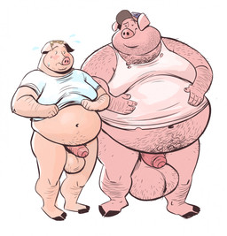 anthro balls baseball_cap belly belly_overhang big_balls black_hair blush bodily_fluids body_hair bottomless chest_hair clothed clothing comparing duo foreskin genitals hair hairy_balls hat headgear headwear huge_balls humanoid_genitalia humanoid_penis hyper hyper_balls hyper_genitalia larger_male male male/male moobs navel obese obese_male overweight overweight_male partially_clothed penis pink_body pubes shirt shoulder_hair simple_background size_difference smaller_male smile smirk stubble sweat sweatdrop tank_top topwear white_background dramamine domestic_pig mammal suid suine sus_(pig) hi_res