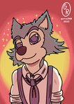 anthro blue_body blue_fur clothing fur handsome_wolf happy male purple_eyes smile solo star garrus368 beastars legoshi_(beastars) canid canine canis mammal wolf watermark