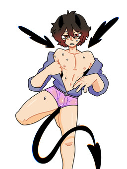 back_wings bodily_fluids briefs brown_hair bulge clothed clothing curved_horn hair half-closed_eyes highlights_(coloring) hoodie horn male narrowed_eyes open_clothing open_hoodie open_topwear red_highlights simple_background solo spade_tail sweat sweatdrop tail topwear underwear white_background wings xing1 arlo_(xing1) demon demon_humanoid humanoid 3:4 hi_res