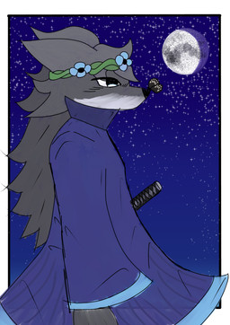 anthro asian_clothing blue_eyes clothing east_asian_clothing flower flower_crown fur gradient_background grey_body grey_fur hair japanese_clothing katana kimono long_hair male melee_weapon moon night plant simple_background sky solo star starry_sky sword weapon fuzzf pantheon_(manga) sena_sato_(pantheon) arthropod butterfly canid canine canis insect lepidopteran mammal wolf absurd_res hi_res