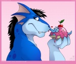 alternate_species ambiguous_gender anthro blue_body cherry cupcake duo face_lick food frosting fruit heart_symbol holding_character in_food licking male micro micro_in_hand pink_background plant simple_background size_difference tail teeth tongue tongue_out spunky_(artist) mythology hida spunky_(spunky) dragon mythological_creature mythological_scalie scalie 2010 digital_media_(artwork)