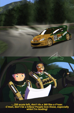 anthro armor breasts car dialogue drifting driving duo female green_eyes headgear helmet male motorsports paper race_car racing racing_suit rally_(sport) rally_car steering_wheel text vehicle aj_lethal peugeot cougar felid feline human mammal english_text hi_res