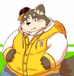 anthro belly big_belly black_nose blush bottomwear brown_body brown_fur clothing cute_fangs fangs fur hat headgear headwear hoodie kemono male overweight overweight_male pants solo teeth topwear natamaru_a tera_online canid canine mammal popori 2016