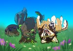 black_body black_fur black_pawpads brown_body brown_eyes brown_fur day detailed_background duo fur grass open_mouth outside pawpads plant smile teeth tongue yellow_eyes kero_tzuki canid canine canis domestic_dog mammal 2021 digital_media_(artwork)