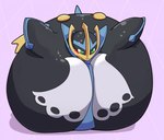 ambiguous_gender belly big_belly black_body blush bodily_fluids green_eyes huge_belly hyper hyper_belly immobile looking_at_belly looking_down_at_self lying obese on_front overweight purple_background shadow simple_background solo sweat sweatdrop mark_run15 nintendo pokemon empoleon generation_4_pokemon pokemon_(species)