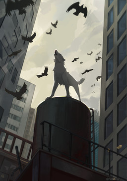 ambiguous_gender black_body black_feathers black_nose building caution_sign city cloud cloudy_sky day detailed_background eyes_closed fangs feathers feral fur howl ladder light light_beam looking_up low-angle_view modern_architecture open_mouth paper poster railing sky skyscraper solo sunbeam sunlight tail teeth text water_tank white_body white_fur nellorain wolf's_rain kiba_(wolf's_rain) avian bird canid canine canis corvid corvus_(genus) crow mammal oscine passerine raven wolf 2024 absurd_res artist_name hi_res male_(lore)