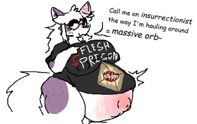 anthro belly_blush big_breasts black_clothing black_shirt black_t-shirt black_topwear blush body_blush breasts clothing female fetal_movement fur hair hand_on_own_breast huge_breasts hyper hyper_pregnancy long_hair looking_at_viewer navel nipple_outline outie_navel pregnant pregnant_anthro pregnant_female purple_body purple_fur shirt solo speech_bubble t-shirt tail talking_to_viewer text text_on_t-shirt topwear cinnamonrivers new_blood_interactive ultrakill nova_(novanerdcat) domestic_cat felid feline felis mammal 2026 comic_sans english_description english_text