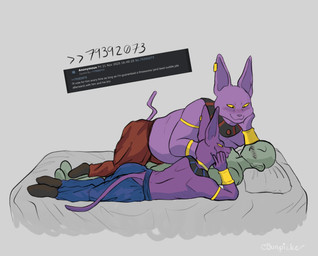 4chan_board accessory anthro bed blush bracelet clothed clothing cuddling ear_piercing egyptian egyptian_clothing faceless_character faceless_male fully_clothed furgonomic_pants furniture group hand_on_chin jewelry lying male male/male male_anthro male_human on_back on_side on_top overweight overweight_male piercing pillow shirtless shirtless_anthro shirtless_male simple_background smile tail trio usekh bunpicker 4chan dragon_ball dragon_ball_super anon beerus champa domestic_cat felid feline felis human mammal 2025 digital_media_(artwork) hi_res procreate_(artwork)