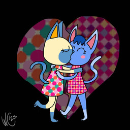 blush blush_stickers clothing dress duo eyelashes eyes_closed female female/female heart_symbol kissing one_leg_up raised_leg short_dress crazoticmadness animal_crossing nintendo mitzi_(animal_crossing) rosie_(animal_crossing) domestic_cat felid feline felis mammal 1:1 hi_res