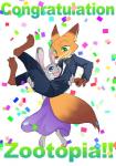 2017 academy_awards anthro barefoot black_tie_(suit) canid canine clothed clothing confetti dipstick_ears dipstick_tail disney dress duo feet female fox fully_clothed fur green_eyes holding_character izumi_(artist) izumi_h27 judy_hopps jumping lagomorph leporid male mammal markings multicolored_ears multicolored_tail nick_wilde open_mouth open_smile purple_eyes rabbit red_fox size_difference smile suit tail tail_markings text true_fox zootopia
