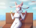 5_fingers absurd_res anthro areola beach bench beverage biped blue_eyes breasts canid canine clothed clothing cloud detailed_background digital_media_(artwork) eeveelution female fingers fur generation_6_pokemon genitals glass hair hi_res looking_at_viewer mammal nintendo nipples nude pink_areola pink_hair pink_nipples pink_pubes pokemon pokemon_(species) pokemorph pubes pussy sand sea seaside shadow sitting slice_of_lime smile solo straw_(disambiguation) sylveon water