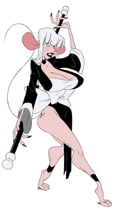 anthro big_breasts black_lipstick breasts buckteeth cleavage clothed clothing female grey_eyes hair holding_object light_body light_skin lipstick long_hair looking_at_viewer makeup simple_background solo standing teeth white_background white_hair slb bao_shu_(slb) mammal mouse murid murine rodent 2015 digital_media_(artwork) hi_res signature