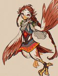 anthro beak bottomwear braided_hair clothed clothing feathers feet female gesture hair headgear headwear looking_at_viewer red_body red_eyes red_feathers red_hair rosy_cheeks simple_background solo tail tail_feathers talons tan_background toes topwear waving white_body white_feathers winged_arms wings yellow_beak yellow_talons emilyedraws breath_of_the_wild nintendo tears_of_the_kingdom the_legend_of_zelda wind_waker medli avian bird rito hi_res traditional_media_(artwork)