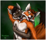 abs anthro biped duo hug hugging_another hugging_from_behind male male/male open_mouth pec_grab pecs tail yellow_eyes wooky canid canine canis fox mammal wolf 1998 digital_media_(artwork) shaded soft_shading