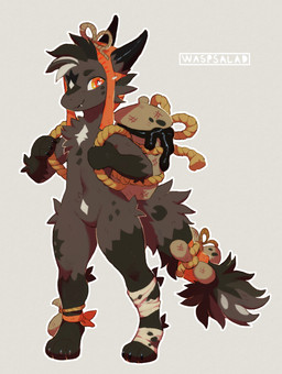 accessory anklet anthro backpack chest_tuft claws diamonds_(suit) fangs featureless_crotch femboy fluffy fluffy_tail fur fur_markings furgonomics hair horn jewelry leg_wraps male markings nails navel paws simple_background solo suit_symbol tail tail_accessory tar teeth tuft white_background wraps waspsalad furred_kobold furred_scalie kobold scalie 2022 digital_media_(artwork) hi_res shaded