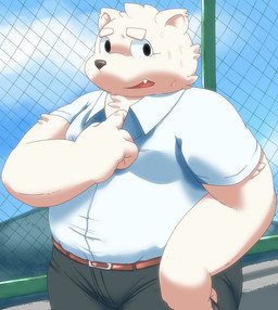 anthro bodily_fluids bottomwear clothing fur kemono male outside overweight overweight_anthro overweight_male pants shirt solo sweat topwear white_body white_fur silicon_chub bear mammal polar_bear ursine 2015