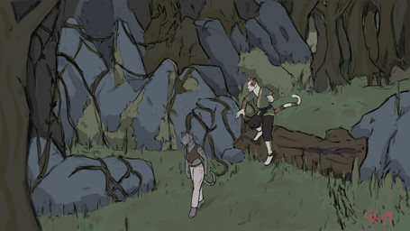 anthro bottomwear clothed clothed_anthro clothing detailed_background duo female forest forest_background grass green_grass jumping log long_tail male nature nature_background outside pants plant red_text rock shirt tail text topwear tree vines walking wood jeri_kleinlowe microsoft the_elder_scrolls felid khajiit mammal 16:9 2024 colored hi_res signature widescreen