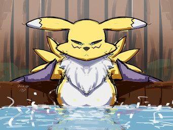 angry anthro bath bathing bathtub blue_eyes female fur pouting solo white_body white_fur yellow_body yellow_fur rizal_ok bandai_namco digimon canid canine digimon_(species) fox mammal renamon 4:3 hi_res